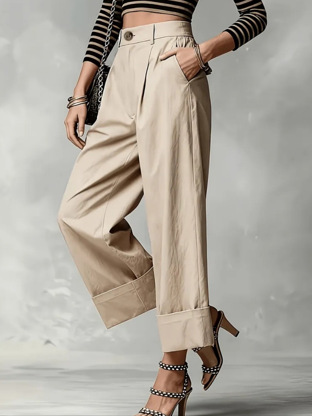 Summer High-Waist Straight-Leg Wide-Leg Pants, Khaki With Cuffe